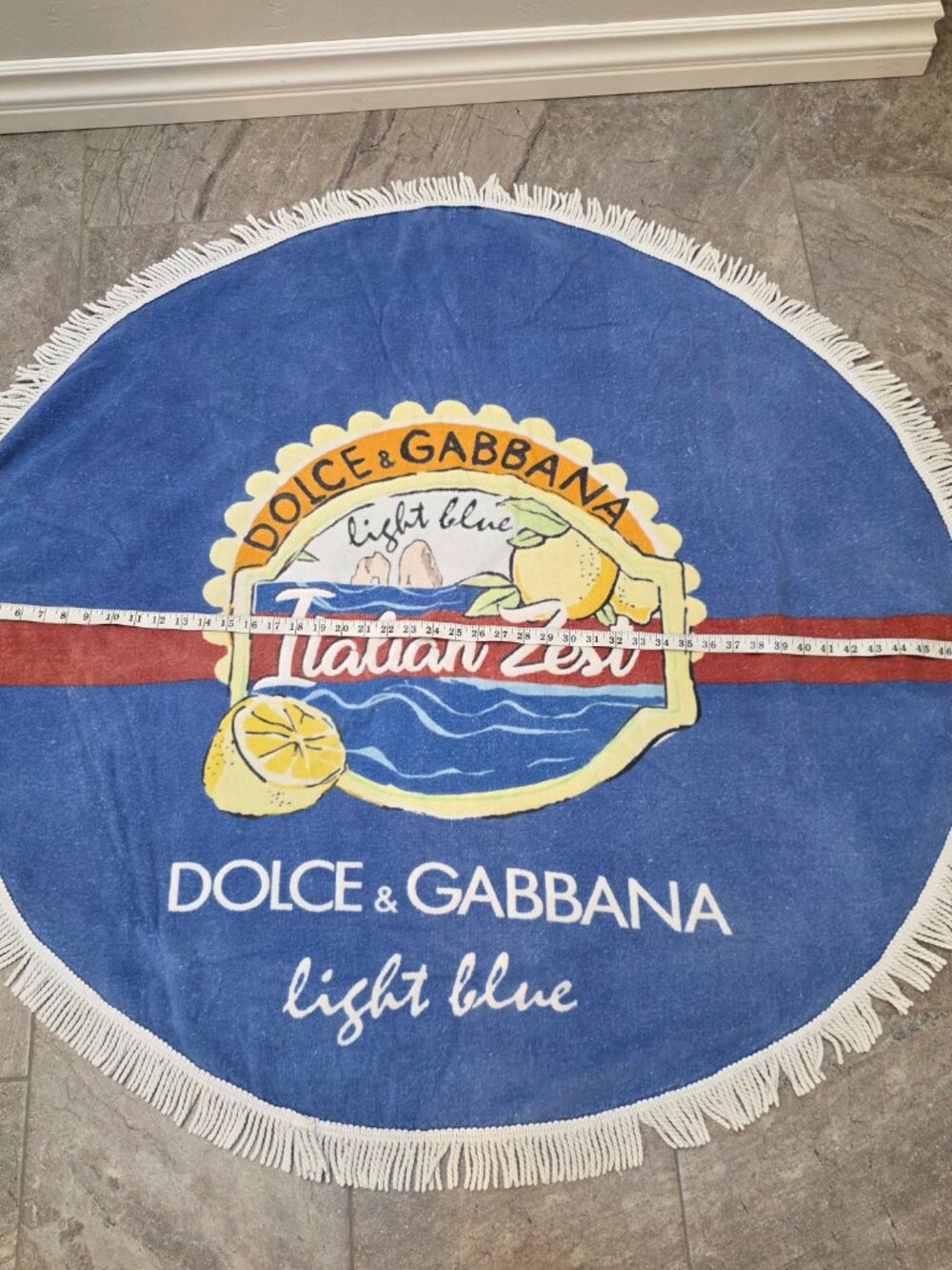 Dolce & Gabbana Light Blue Italian Zest Beach Towel Table Cloth 47” Round Fringe